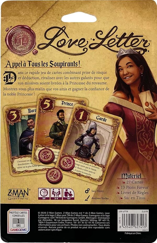 Asmodee - LOVE LETTER - Jeux de Société pour Enfants dès 10 ans - Jeux de Cartes et Déduction - Faites Parvenir une Lettre d'Amour - 2 à 6 Joueurs - 20 Min - Version Française - Z-Man Games